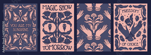 Vintage flowers. Floral Boho plants. Mystic cards. Retro graphic sun. Celestial magic garden. Magic show. Tarot ornament background. Hands with blossoms and leaves. Botanical frame. Vector posters set
