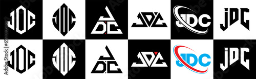 JDC letter logo design in six style. JDC polygon, circle, triangle, hexagon, flat and simple style with black and white color variation letter logo set in one artboard. JDC minimalist and classic logo photo