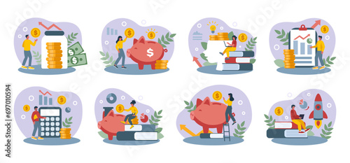 Financial education. Economy literacy. Money investment. Scholarship icons of loan. Business students course. Costs analysis arrow. Profit growth. Cash coins saving. Vector finance tidy concepts set