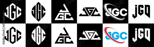 JGC letter logo design in six style. JGC polygon, circle, triangle, hexagon, flat and simple style with black and white color variation letter logo set in one artboard. JGC minimalist and classic logo