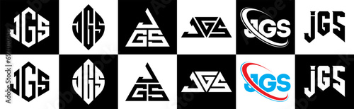 JGS letter logo design in six style. JGS polygon, circle, triangle, hexagon, flat and simple style with black and white color variation letter logo set in one artboard. JGS minimalist and classic logo photo