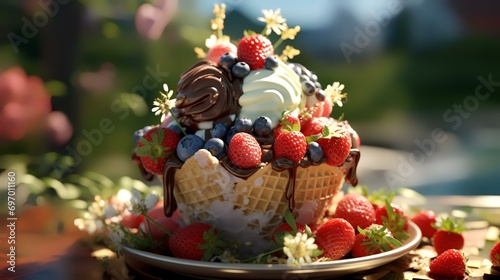 Delicious ice cream with berries in a waffle cup on the table outdoors