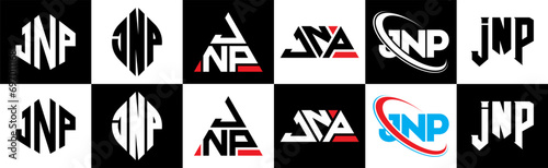 JNP letter logo design in six style. JNP polygon, circle, triangle, hexagon, flat and simple style with black and white color variation letter logo set in one artboard. JNP minimalist and classic logo photo