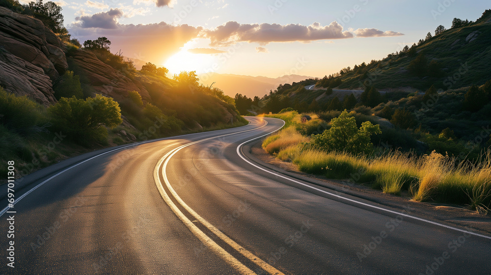 Uma estrada cheia de curvas avança até a luz solar. Uma metáfora sobre a vida.