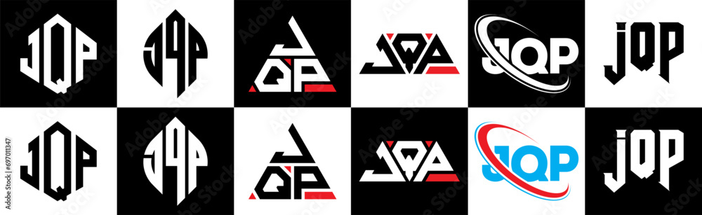 JQP letter logo design in six style. JQP polygon, circle, triangle, hexagon, flat and simple style with black and white color variation letter logo set in one artboard. JQP minimalist and classic logo JQP letter logo design in six style. JQP polygon, circle, triangle, hexagon, flat and simple style with black and white color variation letter logo set in one artboard. JQP minimalist and classic logo