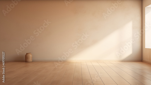 A beautiful original background image of an empty space in beige tones with a play of light and shadow on the wall and floor for design or creative work