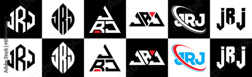 JRJ letter logo design in six style. JRJ polygon, circle, triangle, hexagon, flat and simple style with black and white color variation letter logo set in one artboard. JRJ minimalist and classic logo