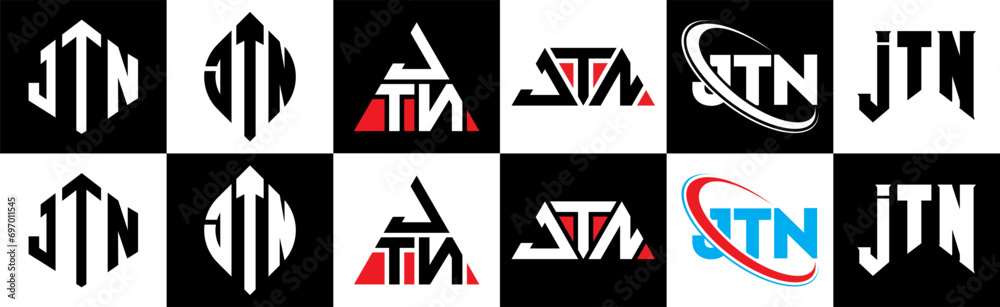 JTN letter logo design in six style. JTN polygon, circle, triangle, hexagon, flat and simple style with black and white color variation letter logo set in one artboard. JTN minimalist and classic logo JTN letter logo design in six style. JTN polygon, circle, triangle, hexagon, flat and simple style with black and white color variation letter logo set in one artboard. JTN minimalist and classic logo