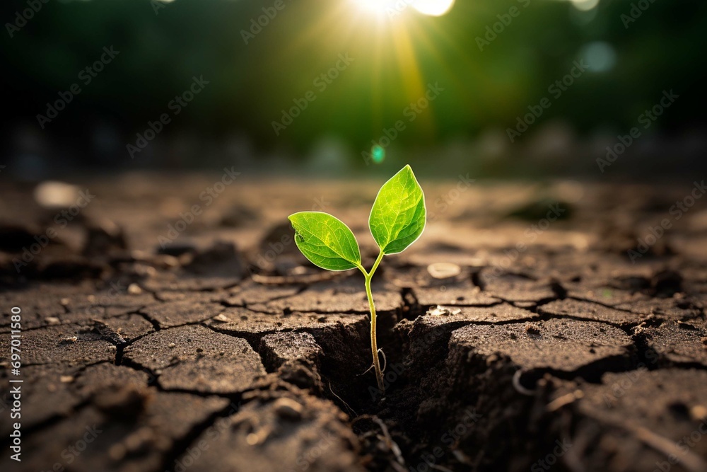 Green Sprout breaks through the dry ground Climate anxiety vs Climate optimism - obrazy, fototapety, plakaty 