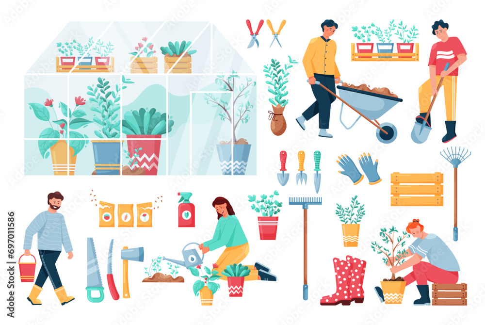 Garden work. Gardening equipment. Agriculture workers. Woman planting trees and watering seeds. Man digging grounds. Flowers cultivation in greenhouse. Seedlings in pots. Vector farming elements set
