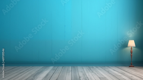 Blue turquoise empty wall and wooden floor with interesting with glare from the window. Interior background for the presentation