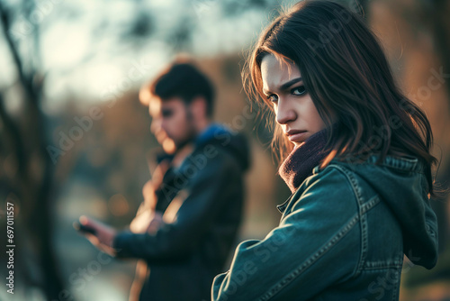 Desconfiança digital, mulher pensativa com namorado falando no celular photo