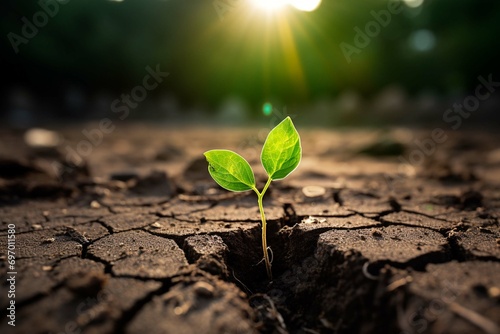 Green Sprout breaks through the dry ground Climate anxiety vs Climate optimism photo