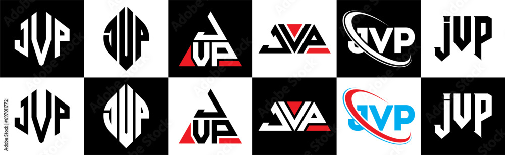 JVP letter logo design in six style. JVP polygon, circle, triangle, hexagon, flat and simple style with black and white color variation letter logo set in one artboard. JVP minimalist and classic logo JVP letter logo design in six style. JVP polygon, circle, triangle, hexagon, flat and simple style with black and white color variation letter logo set in one artboard. JVP minimalist and classic logo