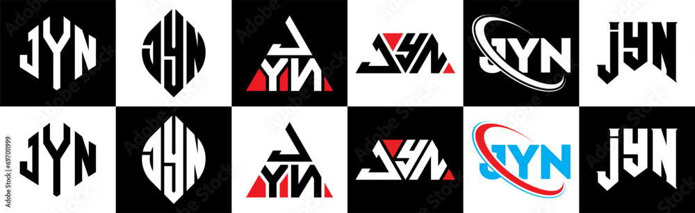 JYN letter logo design in six style. JYN polygon, circle, triangle, hexagon, flat and simple style with black and white color variation letter logo set in one artboard. JYN minimalist and classic logo JYN letter logo design in six style. JYN polygon, circle, triangle, hexagon, flat and simple style with black and white color variation letter logo set in one artboard. JYN minimalist and classic logo