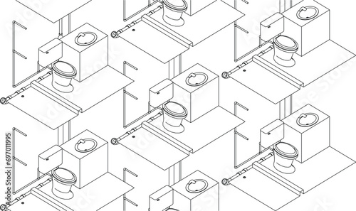 isometric bathroom and toilet design line drawing 3d illustration vector