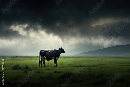 Serene Cow Grazing in Lush Green Fields Under Dramatic Rainy Day Clouds