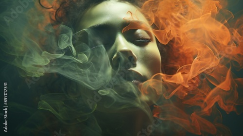 A woman's portrait is obscured by smoke, symbolizing mental health challenges.