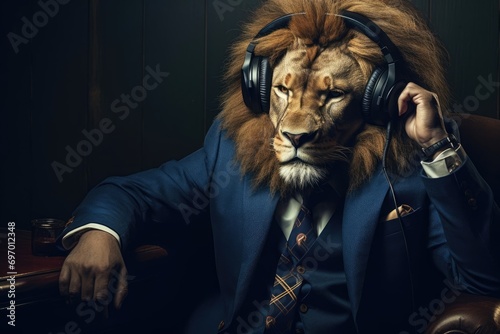 Regal Lion: Person in Lion Costume and Headphones Projecting Power and Authority © Александр Раптовый