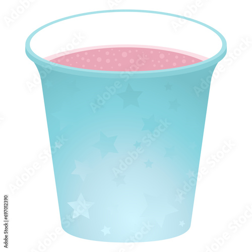 Festive blue cup with pink drink. Party element with twinkling gradient stars. Cardboard cup for boys party. The boys' birthday. Isolated on white background.