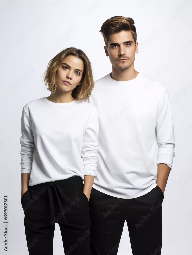 portrait of young couple model wearing plain white t-shirts as mockup material, studio photo, isolated white background, for advertising and web design portrait of young couple model wearing plain white t-shirts as mockup material, studio photo, isolated white background, for advertising and web design