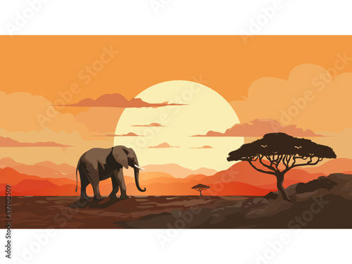 illustration of an elephant facing a sunset clouds in the savanna Africa safari