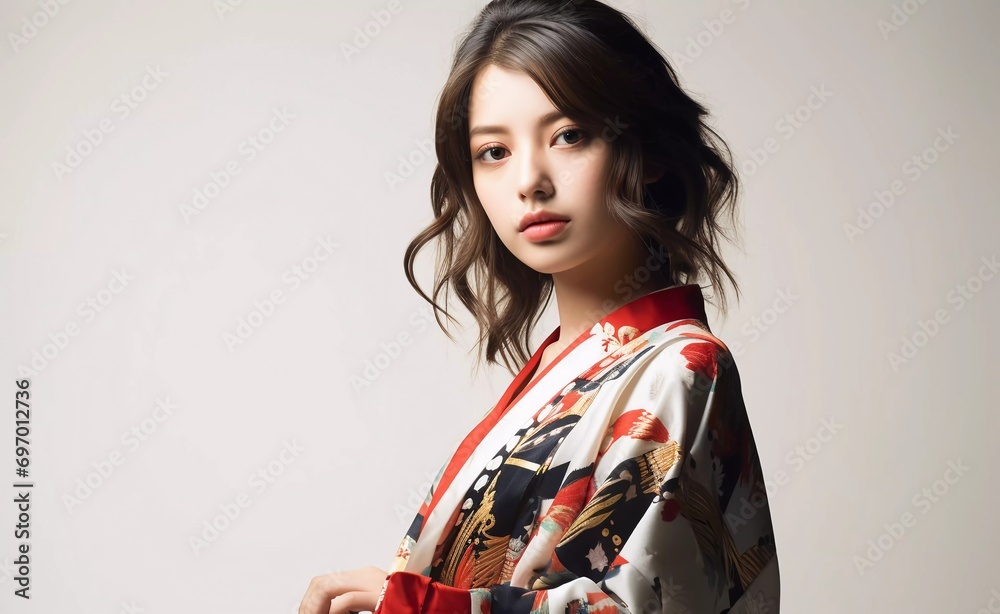 portrait of young japanese female model wearing kimono posing gracefully, studio photo, isolated white background portrait of young japanese female model wearing kimono posing gracefully, studio photo, isolated white background