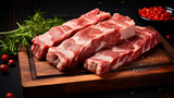 Raw pork ribs on cutting board with herbs and spices on black wooden background