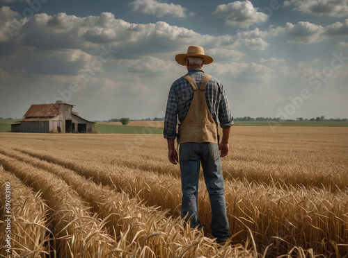 Backview of a farmer with hat, looking at his crops on a cloudy day.