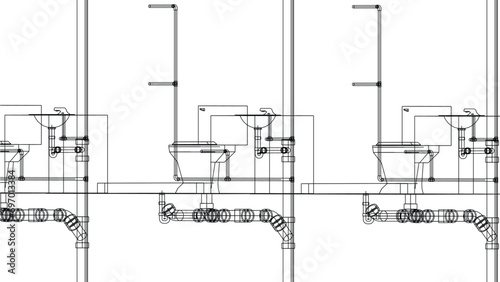 isometric bathroom and toilet design line drawing 3d illustration vector