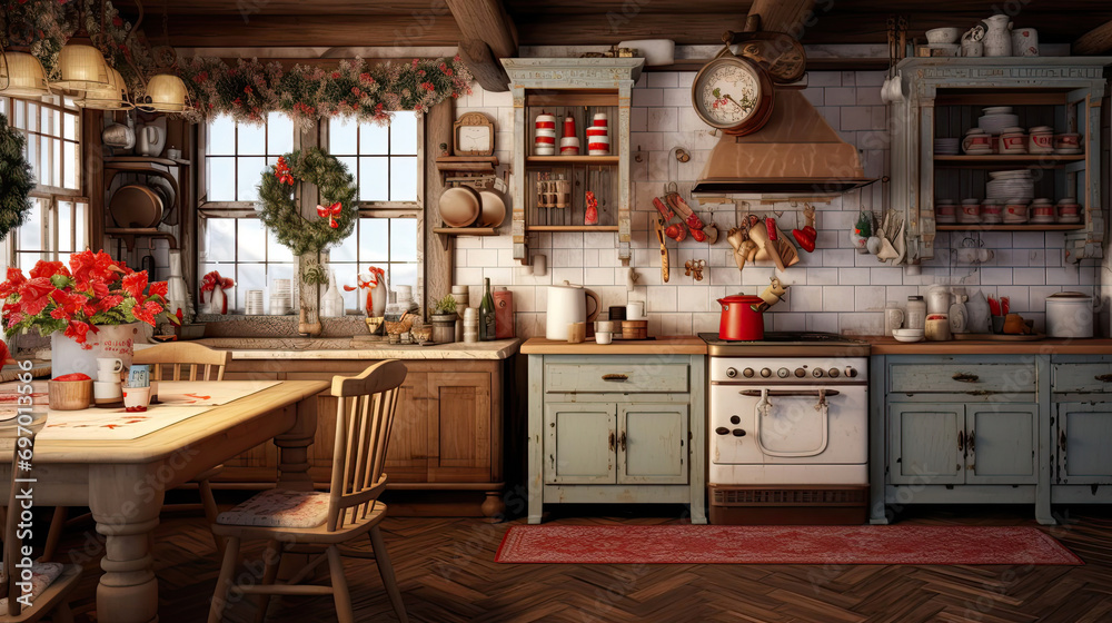 Cozy village kitchen with Christmas decor, new Year's mood, preparing for the holiday, utensils. Merry Christmas and Happy New Year greeting card, home warmth.