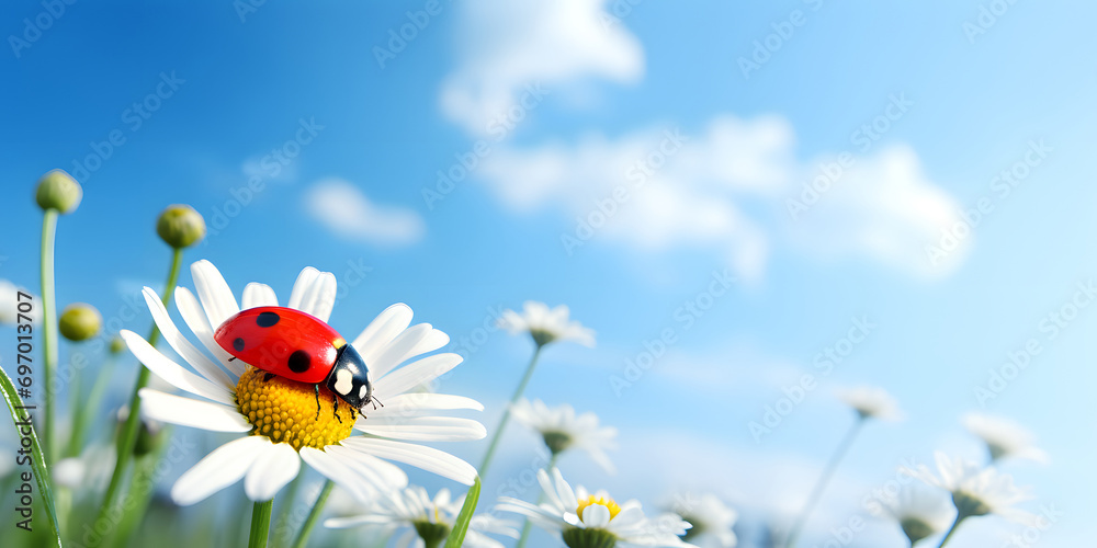 Ladybug sitting on yellow middle of chamomile flower with white petals against blue sky