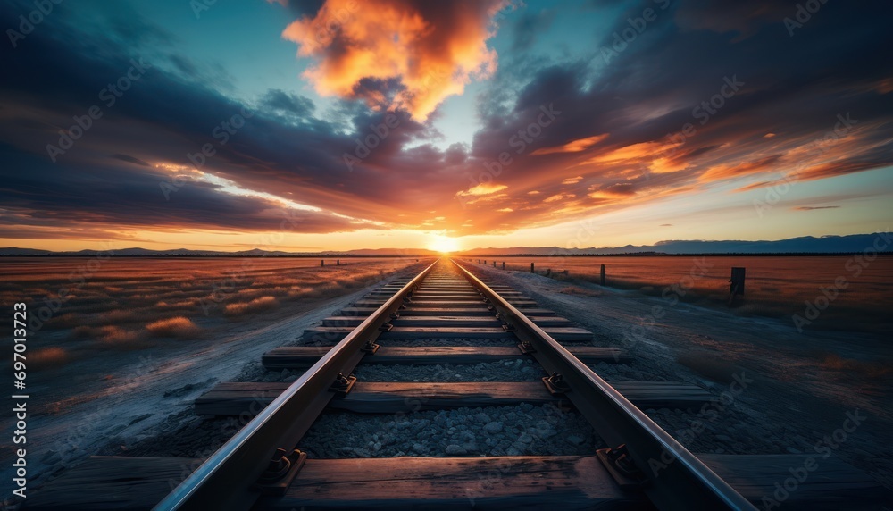 Obraz premium Train Track Leading into a Beautiful Sunset
