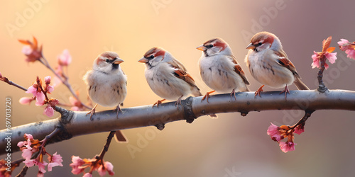 Flock of small birds sparrow seated on tree branch on spring nature background