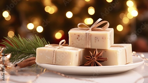 Natural handmade soap in eco-style on Christmas background with bokeh, handmade with spicy ingredients with space for text. Packed for a New Year and Christmas gift. Hobby soap making, home made. photo