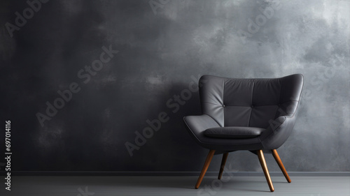 Modern black armchair on concrete wall background.