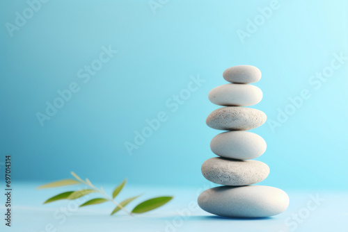 Stack of zen stones on light blue background. Zen concept.
