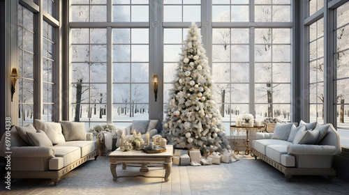 A bright white living room with a sofa and a white snow-covered Christmas tree and a huge window overlooking the winter forest.