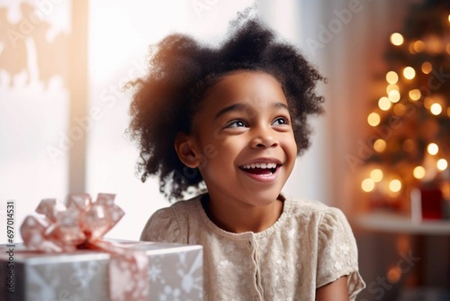 Childhood, winter holidays and people concept. Happy smiling little black girl near gift box, Christmas tree background. Christmas