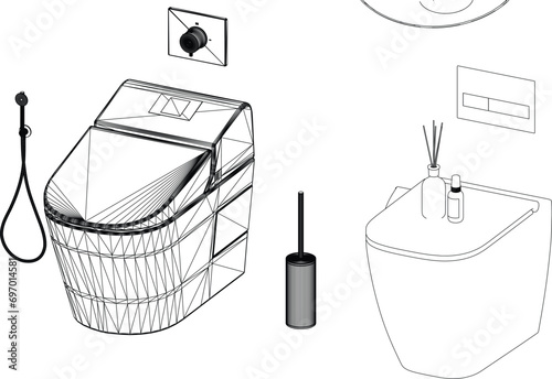 isometric bathroom and toilet design line drawing 3d illustration vector