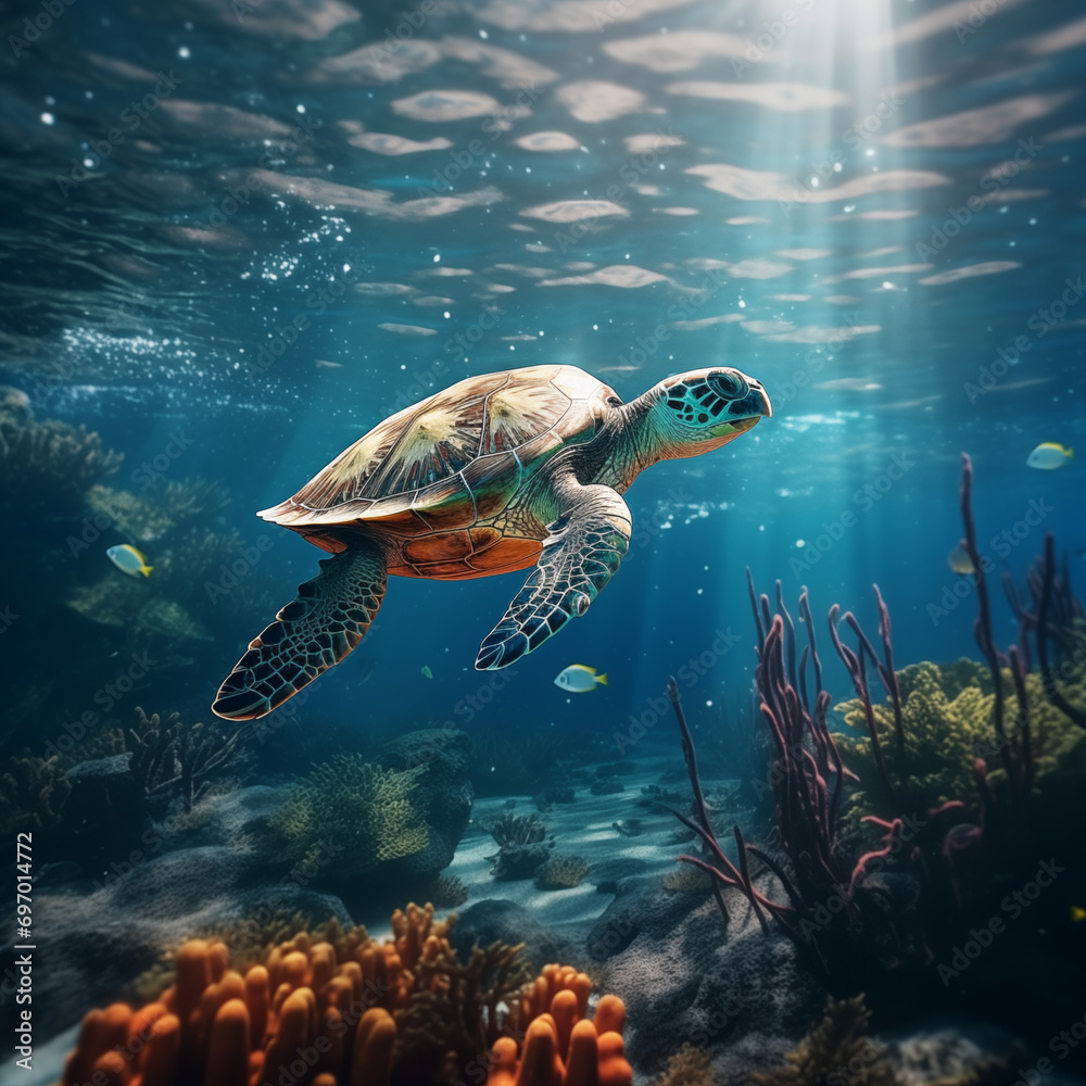 Green Sea Turtle swimming underwater in the ocean Green Sea Turtle swimming underwater in the ocean