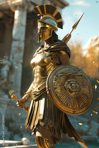 Athena - Greek goddess in a majestic full-body shot with a reflective background Gen AI photo