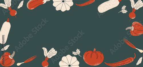 Organic fresh eco food frame. Background with different vegetables. Banner with vegetarian food. Vector illustration in flat style.