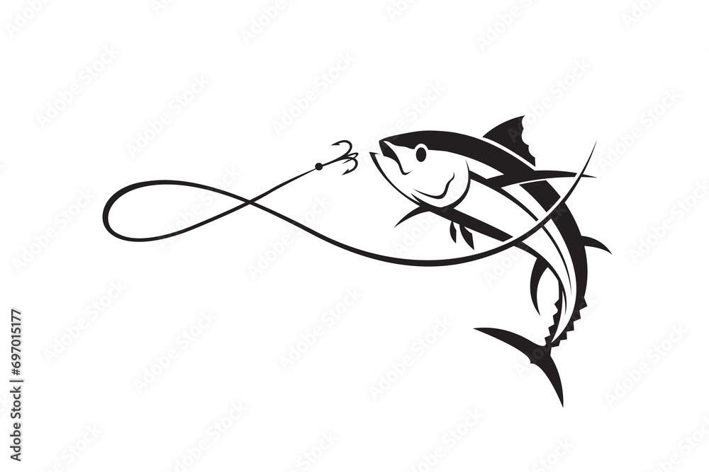 Fototapeta premium fishing emblem with tuna and hook isolated on white background