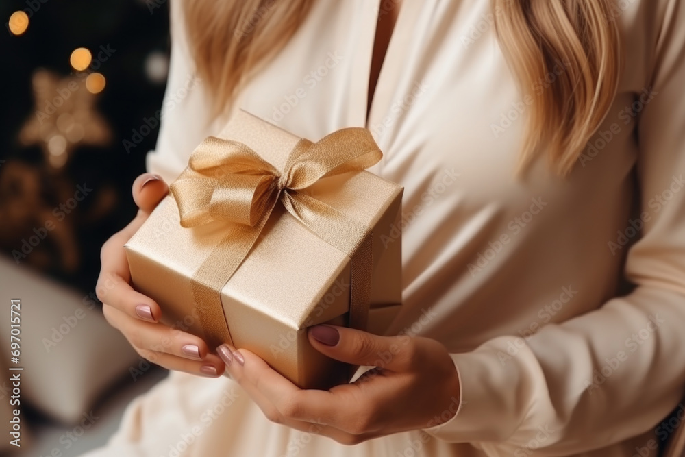 Woman holding a gift box with a golden ribbon. The concept symbolizes giving and celebration.