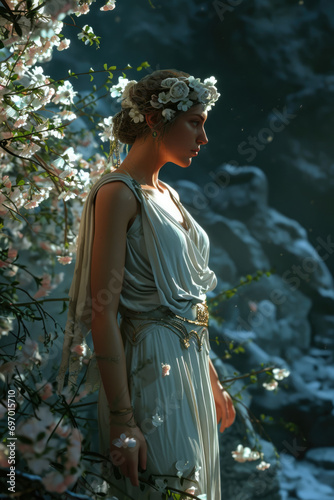 Persephone - Greek goddess in a full-body shot with a background reflecting her domain Gen AI
