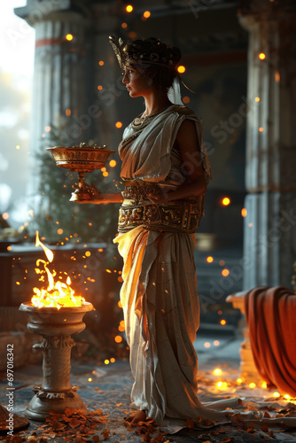Hestia - Greek god in a full-body shot with a background reflecting her domain Gen AI