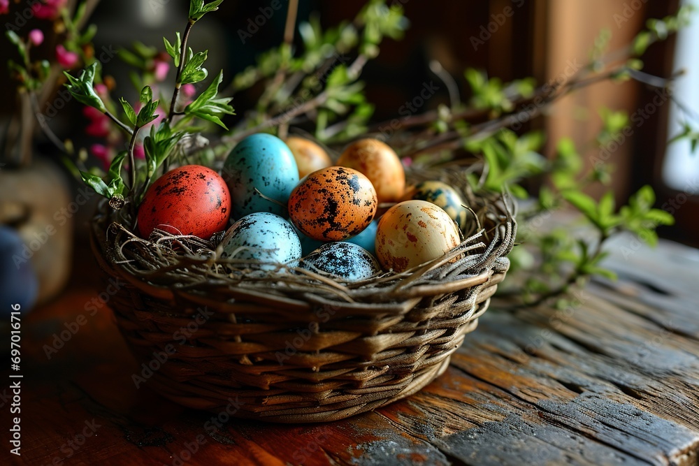 Basket with Easter eggs on the table Basket with Easter eggs on the table