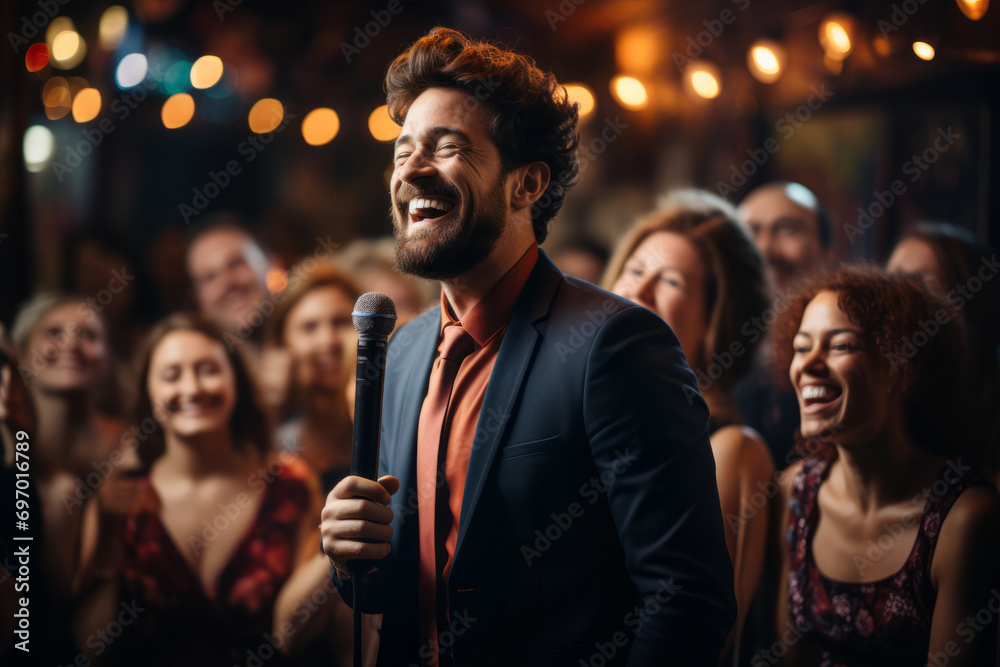 Handsome male stand-up comedian holding a microphone in front on cheerful audience. Man in a spotlight talking to a crowd.