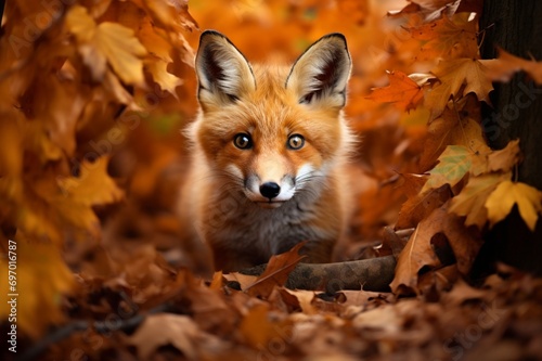 : A curious fox peering out from behind a carpet of autumn leaves in a dense, enchanted woodland